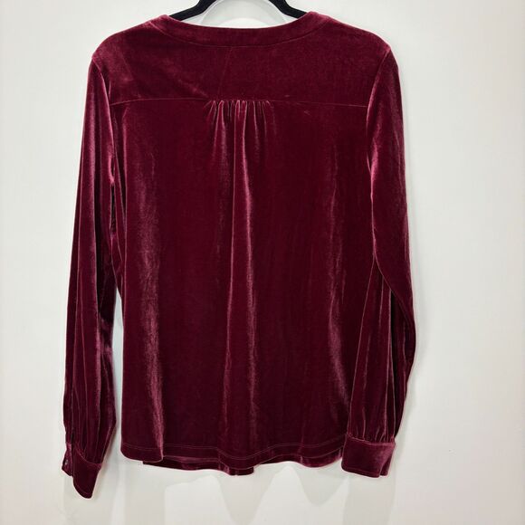 Lands End Red Burgundy Velvet Top Women M Button Front Vneck Soft Comfort Velour - Picture 3 of 7